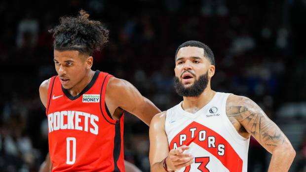 Former Raptors guard Fred VanVleet looks on against Rockets' Jalen Green at Scotiabank Arena. Mandatory Credit: Kevin Sousa-USA TODAY Sports